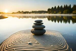 a stack of stones on the shore of a lake. AI-Generated photo