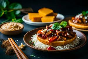 chicken curry on a plate with noodles and vegetables. AI-Generated photo