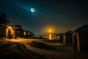 the moon is shining over a beach with huts and a woman standing in front of them. AI-Generated photo