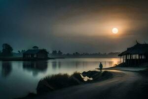 un hombre camina a lo largo el apuntalar de un lago a noche. generado por ai foto