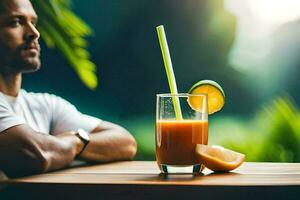 a man sitting at a table with an orange juice and a straw. AI-Generated photo