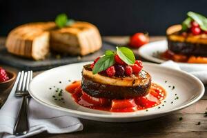 two plates with food on them and a slice of cake. AI-Generated photo