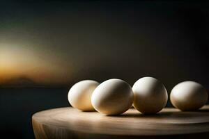 cinco huevos en un de madera mesa con un puesta de sol en el antecedentes. generado por ai foto