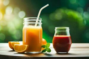 Fresco jugo en vaso y naranja jugo en vaso en de madera mesa. generado por ai foto