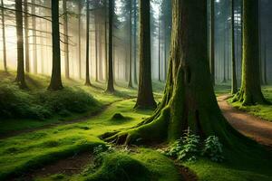 un camino mediante un bosque con arboles y musgo. generado por ai foto