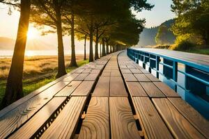 a wooden walkway with trees and the sun shining. AI-Generated photo