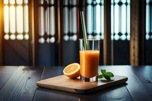 naranja jugo en un vaso en un de madera mesa. generado por ai foto