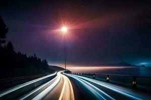 un largo exposición foto de un autopista a noche. generado por ai