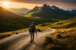 un hombre con un mochila camina en un suciedad la carretera en el montañas. generado por ai foto