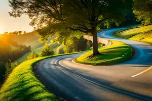 a winding road with trees and grass on the side. AI-Generated photo