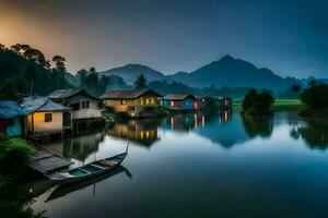 photo wallpaper the sky, water, mountains, house, village, the sky, water, mountains. AI-Generated