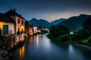 photo wallpaper the sky, mountains, river, houses, the night, the mountains, the river. AI-Generated