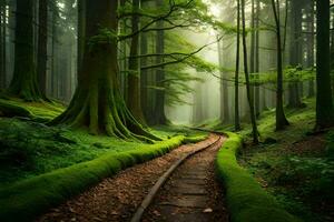 un camino mediante un bosque con arboles y musgo. generado por ai foto