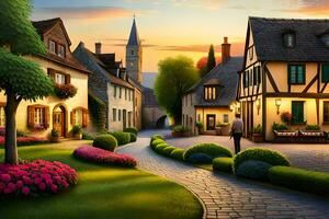 a painting of a street in a village at sunset. AI-Generated photo