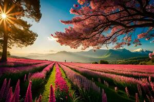 the sun shines over a field of pink flowers. AI-Generated photo