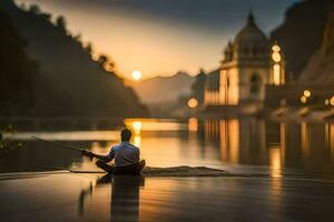 un hombre sentado en el borde de un río a puesta de sol. generado por ai foto