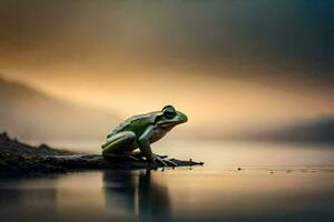 a frog sitting on a log in the water at sunset. AI-Generated photo