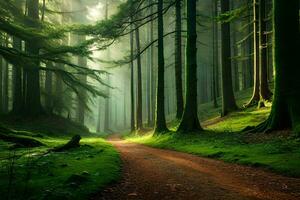 un camino mediante un verde bosque con arboles generado por ai foto