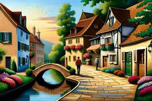 a painting of a small town with a bridge and flowers. AI-Generated photo