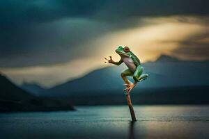 un rana es en pie en un palo en el agua. generado por ai foto