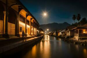 un hombre camina a lo largo un canal a noche con un Luna en el cielo. generado por ai foto