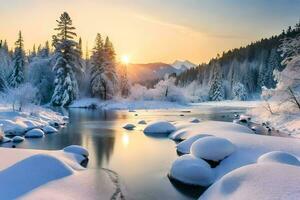 snow covered trees and river at sunset. AI-Generated photo
