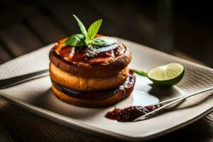 a plate with a sandwich and a lime. AI-Generated photo