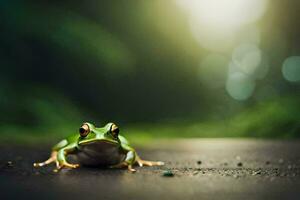 un rana sentado en el suelo en frente de un verde antecedentes. generado por ai foto