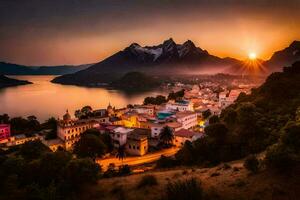 el Dom conjuntos terminado un pueblo en un ladera con vista a un lago y montañas. generado por ai foto