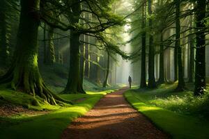 a path through a forest with trees and grass. AI-Generated photo