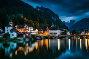 the town of hallstatt in the night. AI-Generated photo