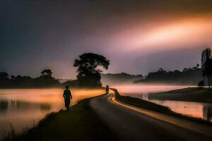 un hombre camina a lo largo un la carretera en el niebla. generado por ai foto