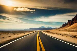 un vacío la carretera en el Desierto con montañas en el antecedentes. generado por ai foto