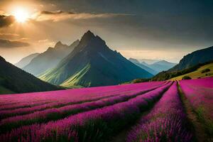 lavender field in the mountains at sunset. AI-Generated photo