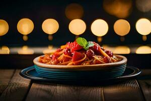 a bowl of pasta with berries and mint on a wooden table. AI-Generated photo