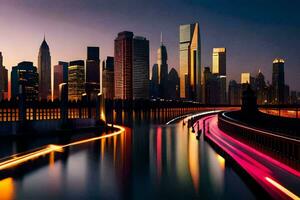 un ciudad horizonte a noche con luces en el edificios generado por ai foto