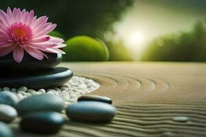 pink flower and stones on a wooden table. AI-Generated photo