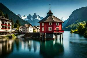 un rojo casa se sienta en el lado de un lago. generado por ai foto