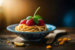 spaghetti with strawberries and lemon on a wooden table. AI-Generated photo