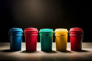 a row of colorful plastic cups on a dark surface. AI-Generated photo