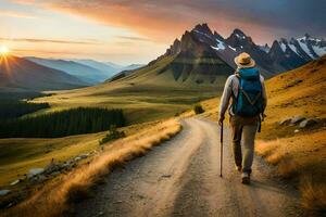 a man with a backpack and hiking poles walks down a dirt road in the mountains. AI-Generated photo