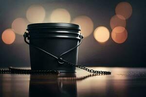 a black bucket with a chain around it on a table. AI-Generated photo