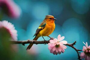 a small bird is sitting on a branch with pink flowers. AI-Generated photo