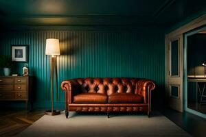 a leather couch in a room with a blue wall. AI-Generated photo