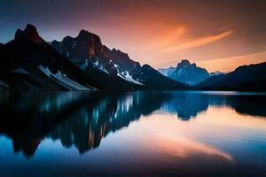 el montañas son reflejado en el agua a puesta de sol. generado por ai foto