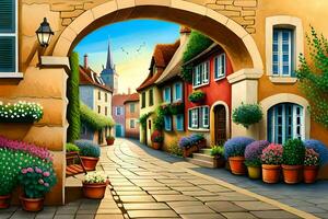 a painting of a street with flowers and potted plants. AI-Generated photo