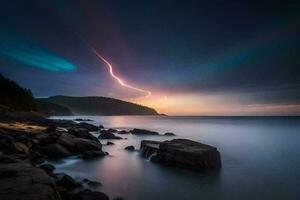a lightning bolt streaks across the sky over a rocky shore. AI-Generated photo