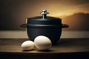 a black pot with two eggs on a table. AI-Generated photo