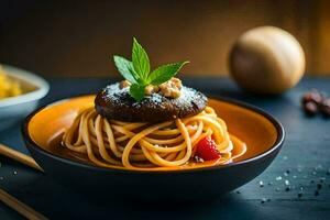 spaghetti with meatballs and sauce in a bowl. AI-Generated photo