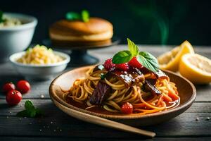 spaghetti with meat sauce and vegetables on a wooden table. AI-Generated photo